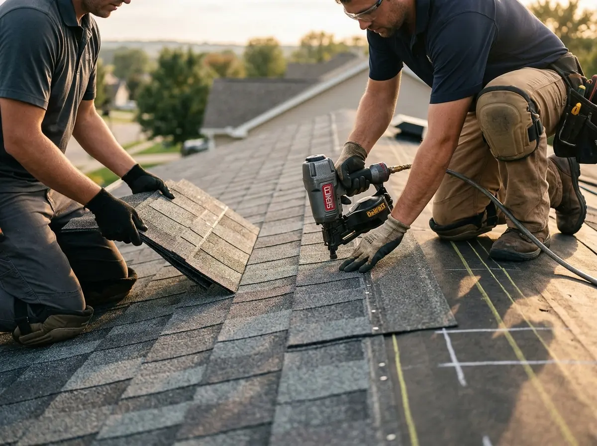 Professional roofer working on a residential roof in Plymouth